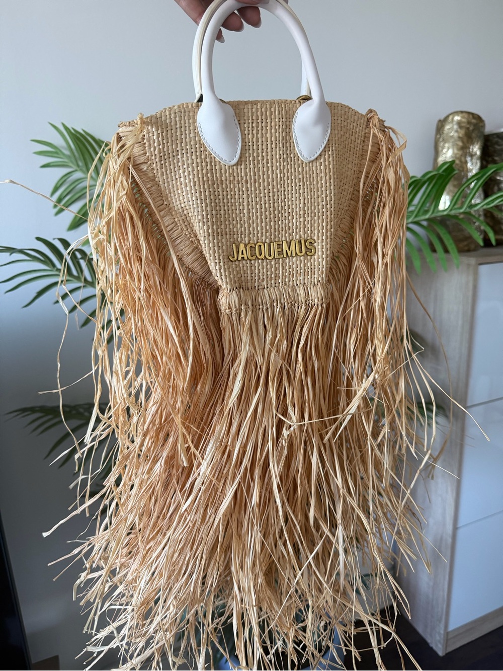 Jacquemus Natural Raffia Fringed Tote with White Handles and Gold Logo